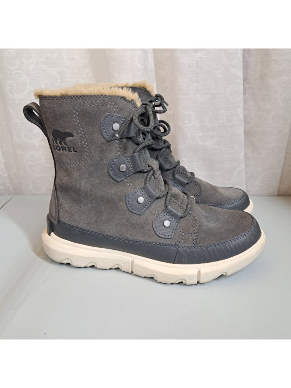Sorel Explorer II Joan Boots Womens Sz 6.5 Gray Suede Faux Fur Waterproof Winter